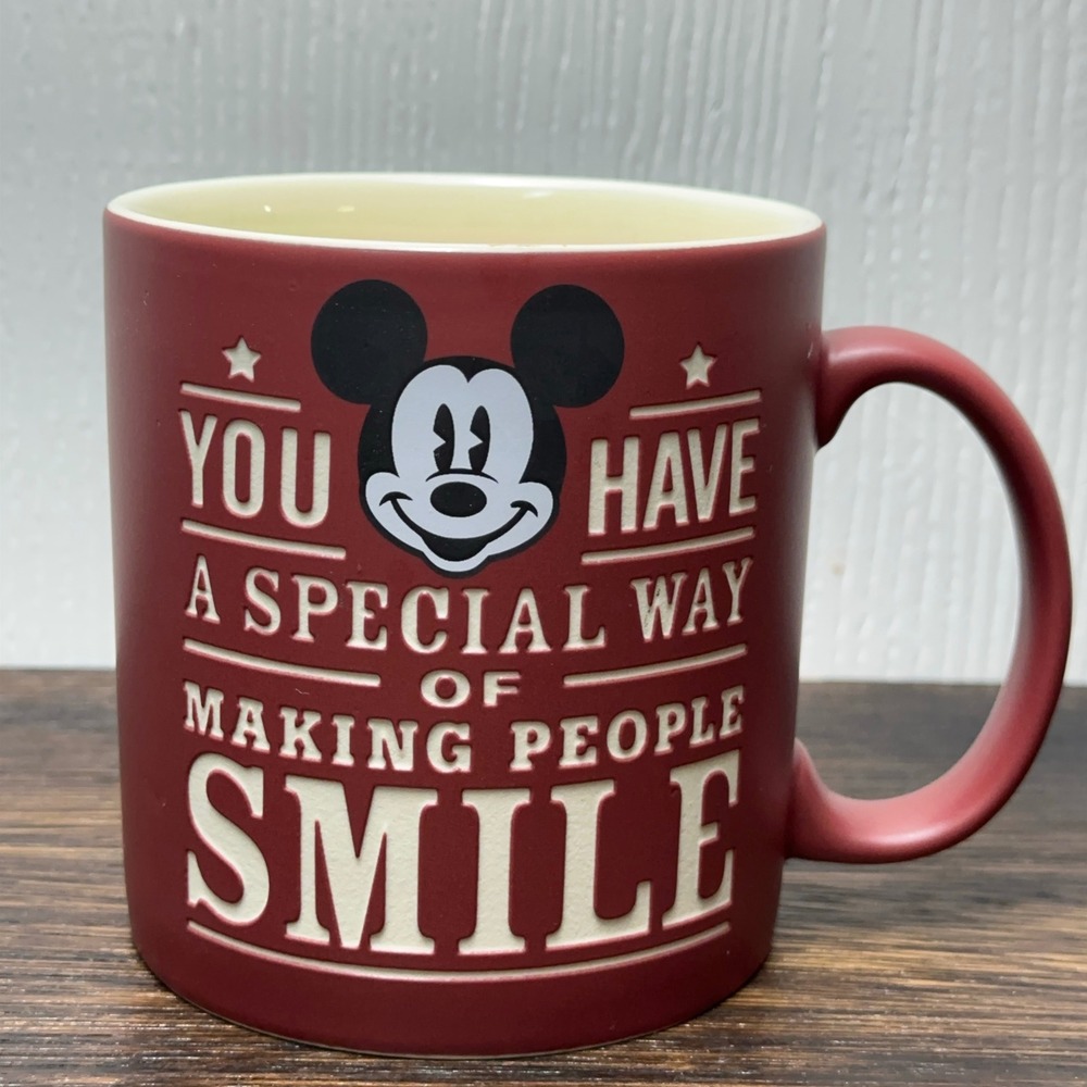 Disney Parks Mickey Mouse Smile Quote Coffee Mug Burgundy Matte Ceramic